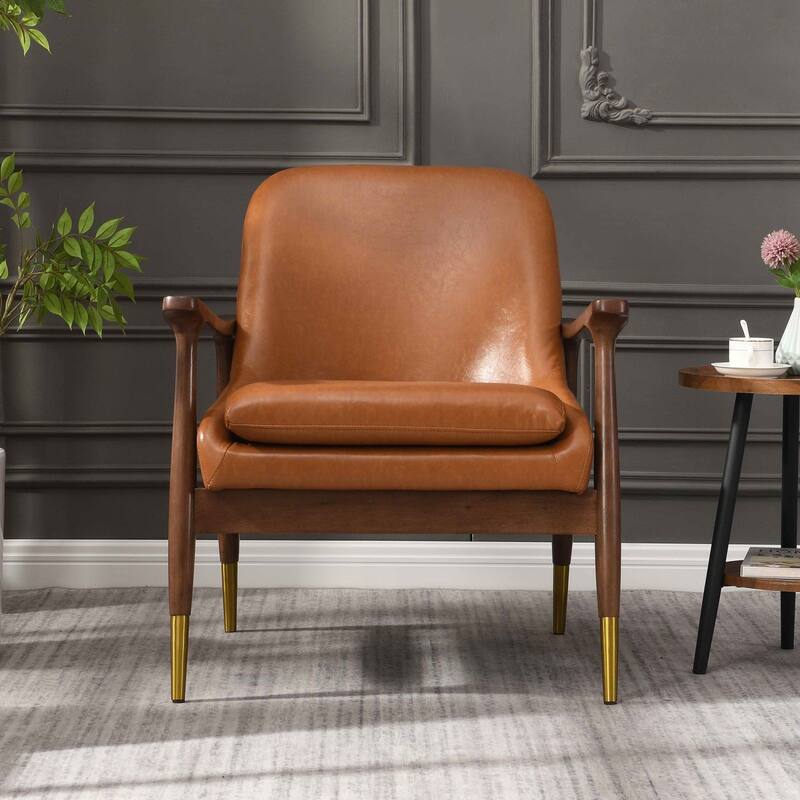 Modern PU Leather Accent Leisure Chair Solid Wood Frame Mid Century Style