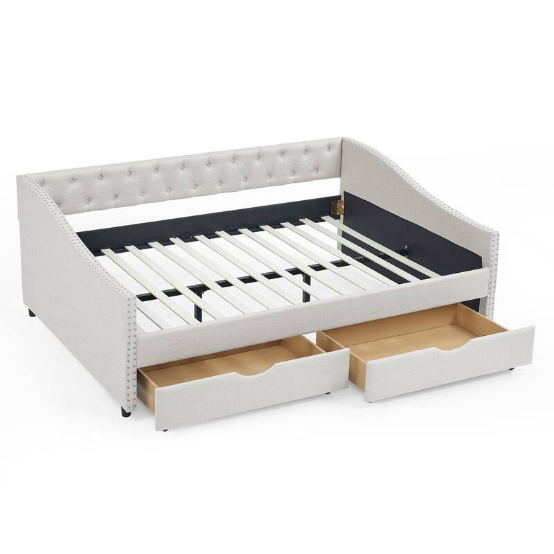 Tufted Button Daybed with 2 Storage Drawers/Upholstered Sofa Bed Frame w/Copper Nail on Waved Shape Armrests/No Spring Box Need