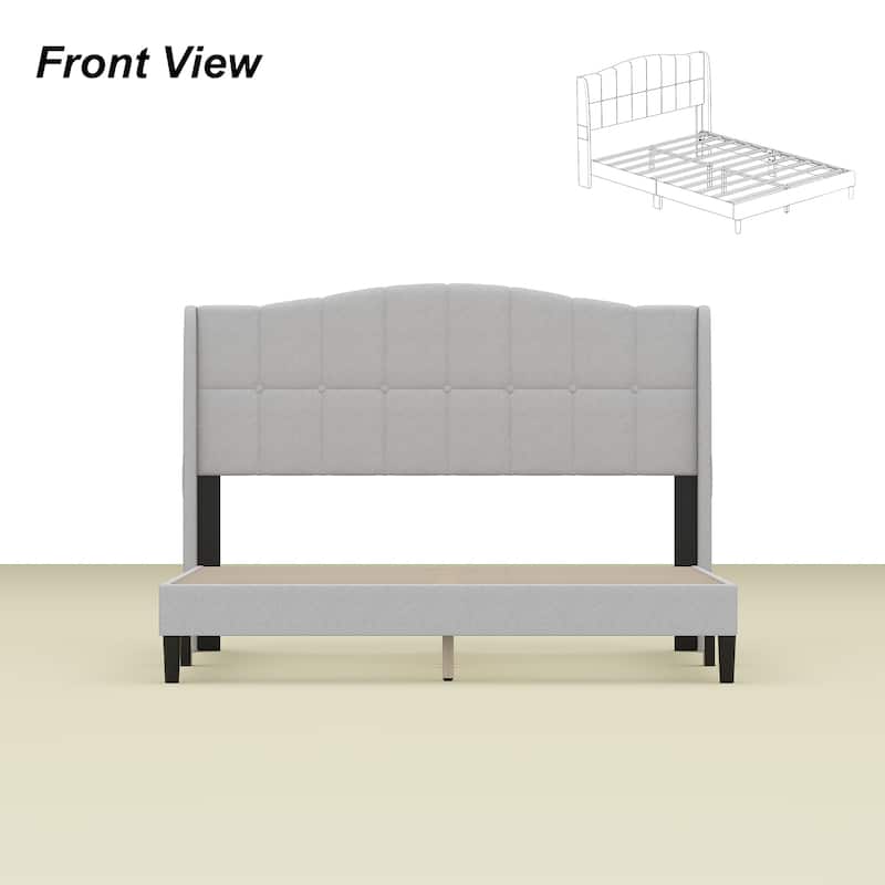 Upholstered Platform Bed Frame with Wingback Headboard and Wooden Slats