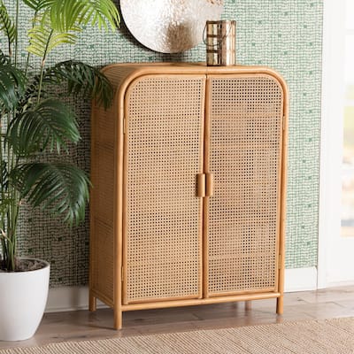 Curacao Modern Bohemian Light Honey Rattan 2-Door Storage Cabinet