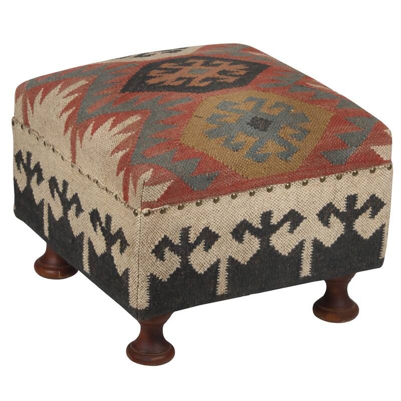 Handmade Indo Upholstered Footstool - Orange/Gold/Beige - 19" L x 19" W x 14" H