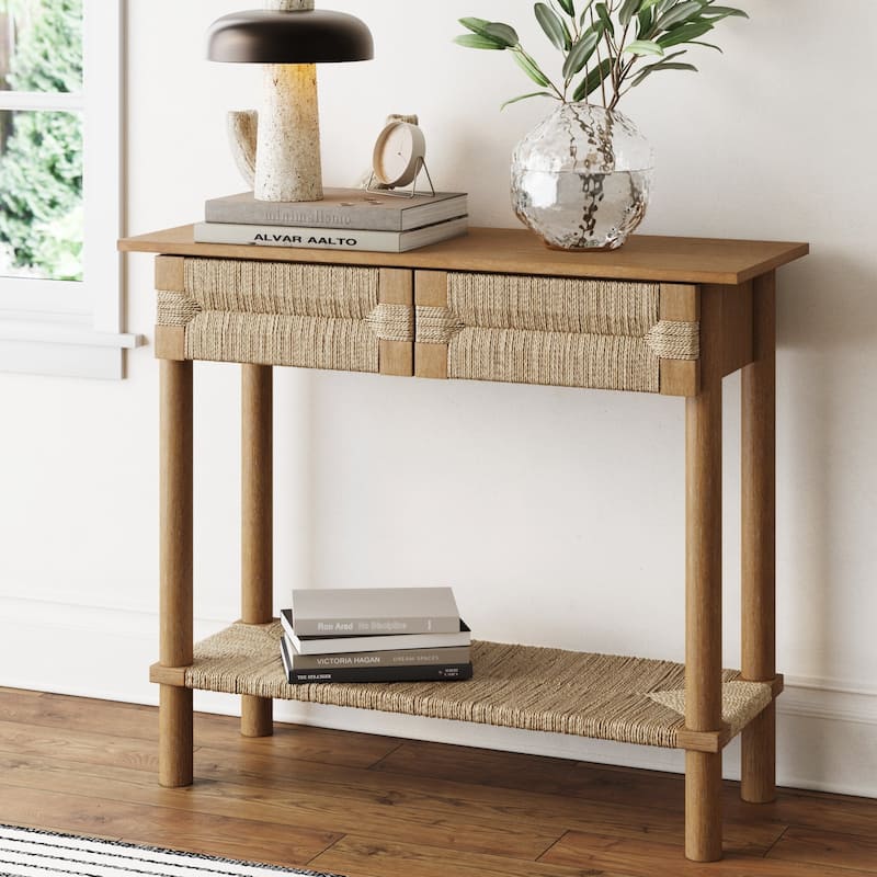 Beacon Wooden Sofa Console Table with Drawers, Bohemian Entryway Table, Hallway Table with Seagrass Shelf