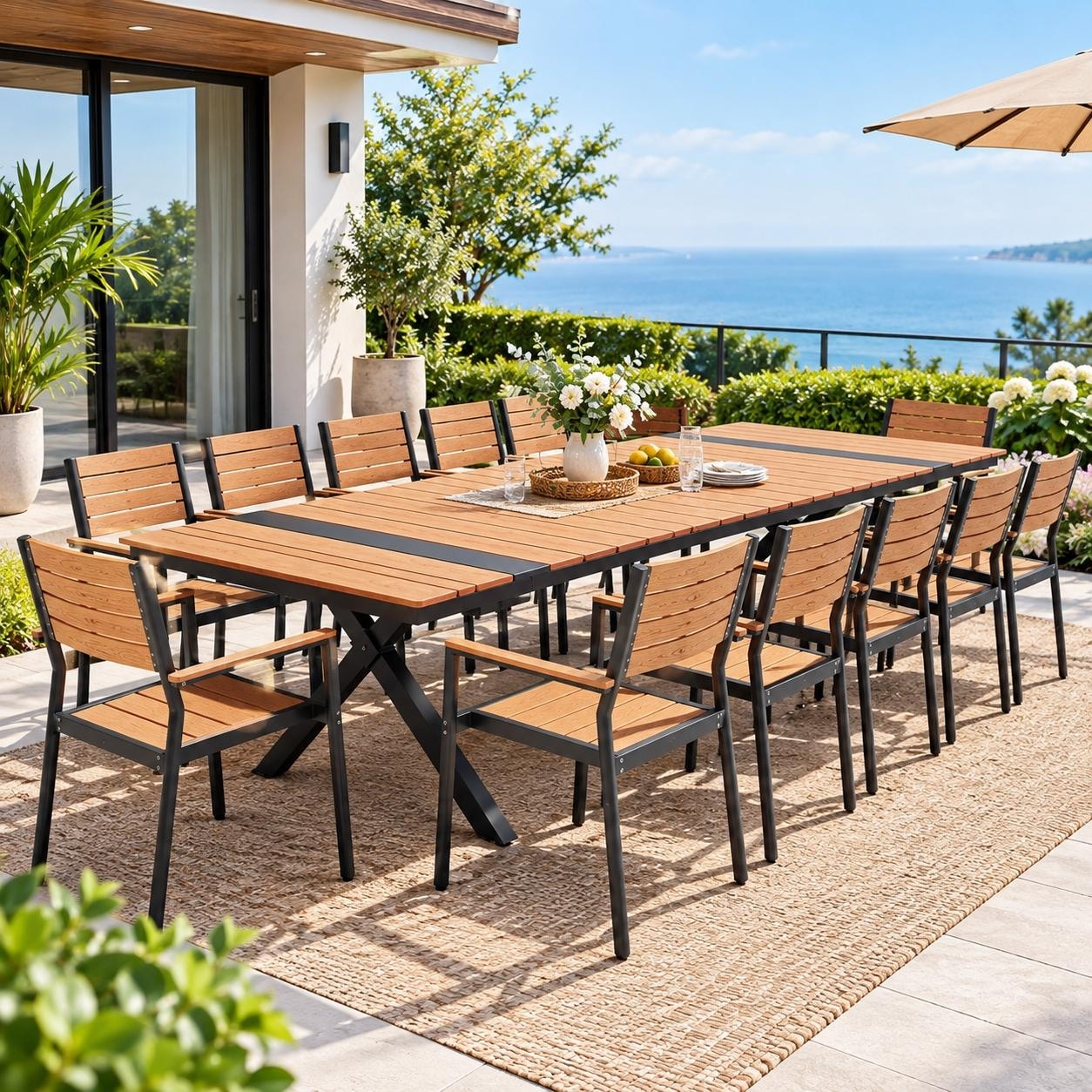 9/11/13-Piece Aluminum Patio Dining Set with Umbrella Hole and Stackable Chairs