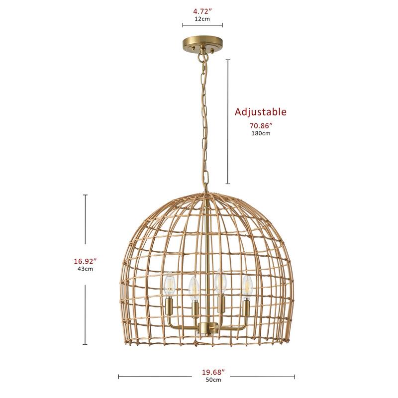 4-Light Hand-Woven Rattan Pendant Light for Kitchen Island Dining Room Hallway