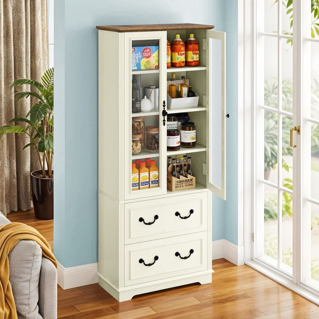 Moasis 76" Tall Kitchen Pantry Cabinet with Glass Doors And 2 Large Drawers
