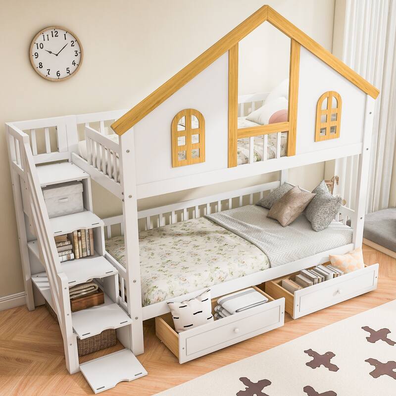 Fairytale Bunk Bed with Window Door House-shaped Roof Frame and Storage Staircase, Optional with Storage Drawers or Trundle Bed - White Natural with Drawers - Twin