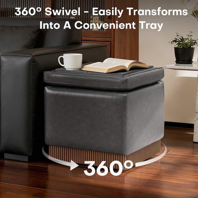 Swivel Storage Ottoman Bench Footstool with Flip-top and Acacia Frame