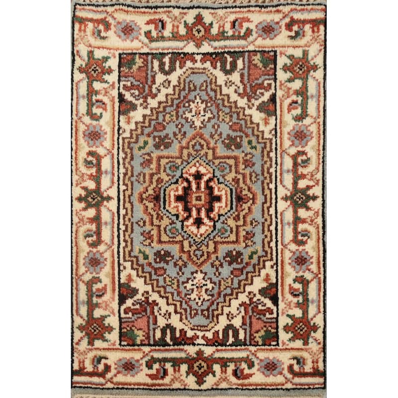 Hand Knotted Oriental 100% Wool Carpet Traditional Medallion Navy Blue & Blues Heriz (serapi) Area Rug - 3' 0'' X 2' 0''