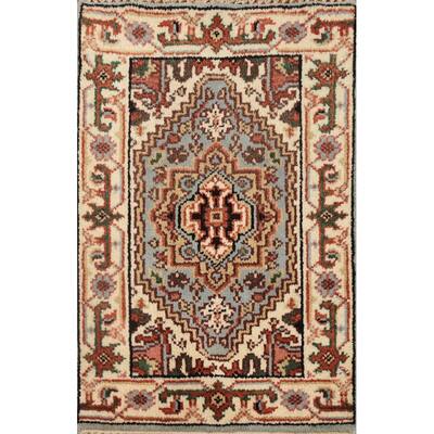 Hand Knotted Oriental 100% Wool Carpet Traditional Medallion Navy Blue & Blues Heriz (serapi) Area Rug - 3' 0'' X 2' 0''