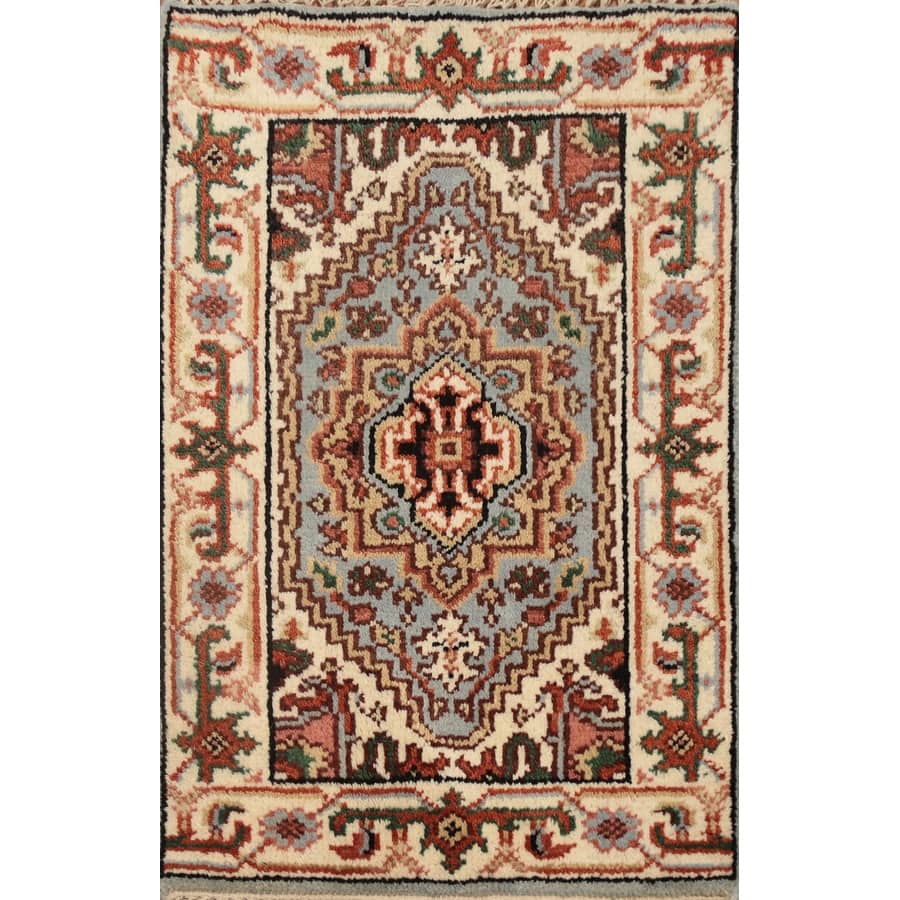 Hand Knotted Oriental 100% Wool Carpet Traditional Medallion Navy Blue & Blues Heriz (serapi) Area Rug - 3' 0'' X 2' 0''