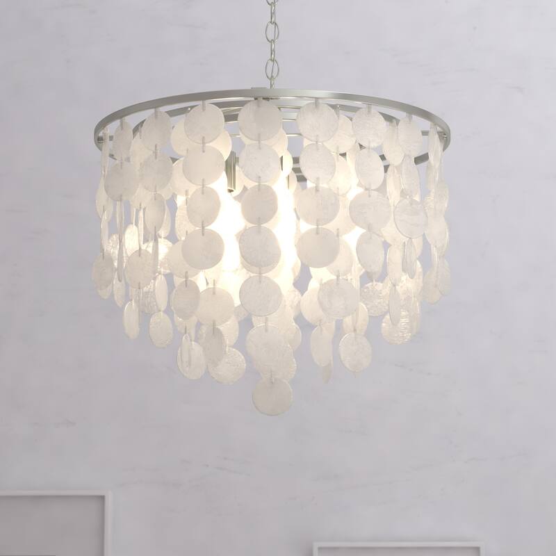 Waterfall Pendant Light - 3-Light Capiz Shell Chandelier, Adjustable Height, Satin Nickel Finish - 93.75