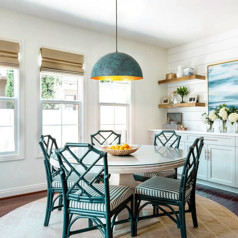 19.7" 1-Light Modern Industrial Black/Green Hand-Hammered Iron Dome Pendant Light for Dining Room