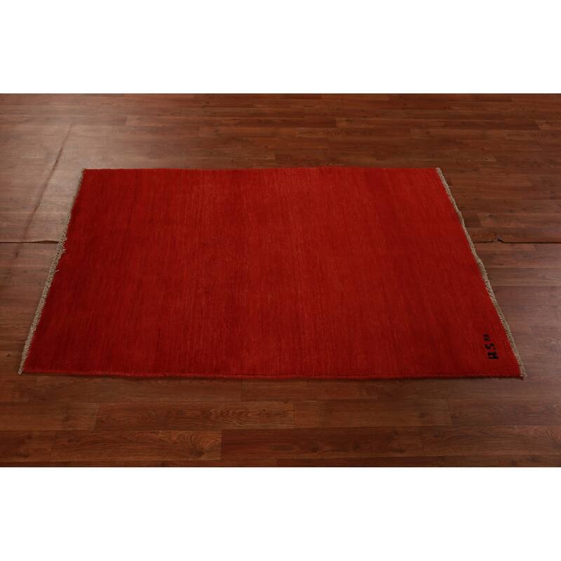 Red Modern Gabbeh Oriental Rug Hand-Knotted Wool Carpet - 3'3" x 4'11"