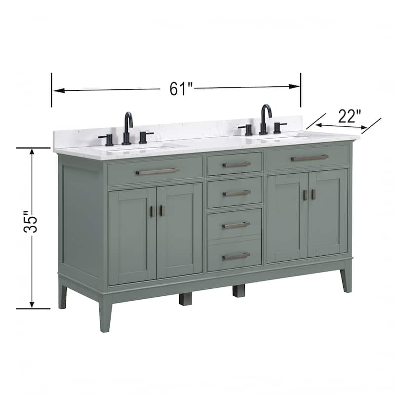 Madison 60 in. Double Sink Bathroom Vanity with Engineered Stone Top - 61" x 22"D x 35"H