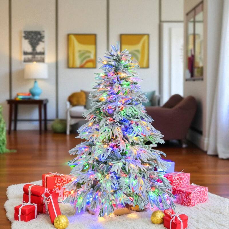 6ft Snow Flocked Pre-Lit Spruce Christmas Tree with 300 LED Lights and 790 PE Tips, Hinged Holiday Décor