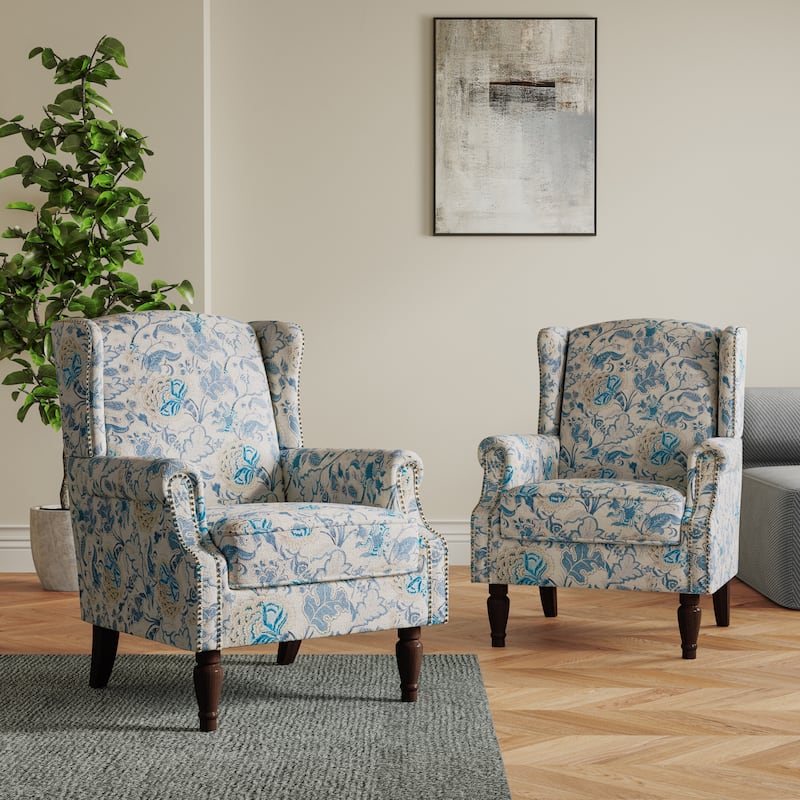 Set of 2 Patterned Upholstered Accent Chair for Living Room - Boho Blue