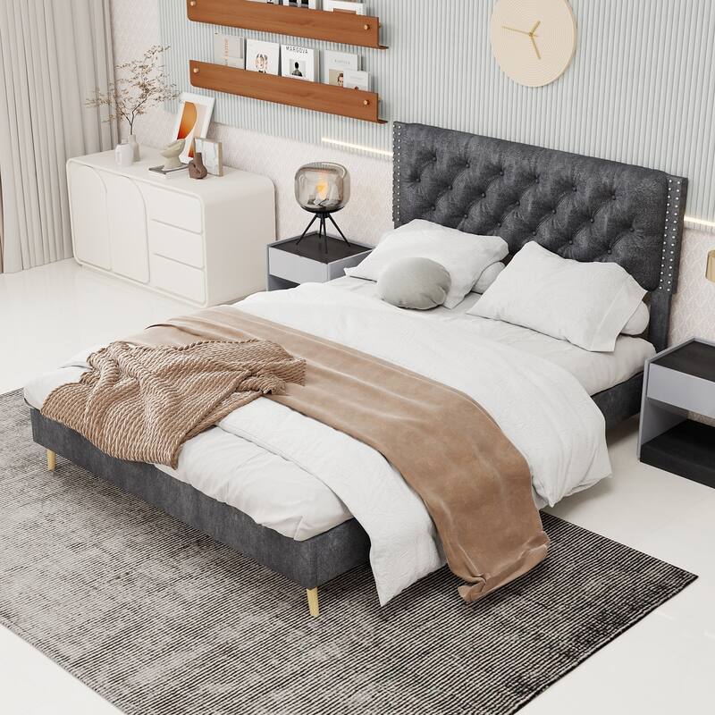 Modern Upholstered Platform Bed Frame with Tufted Headboard/Wood Slats Support/Noise-Free Stable Structure/No Box Spring Needed
