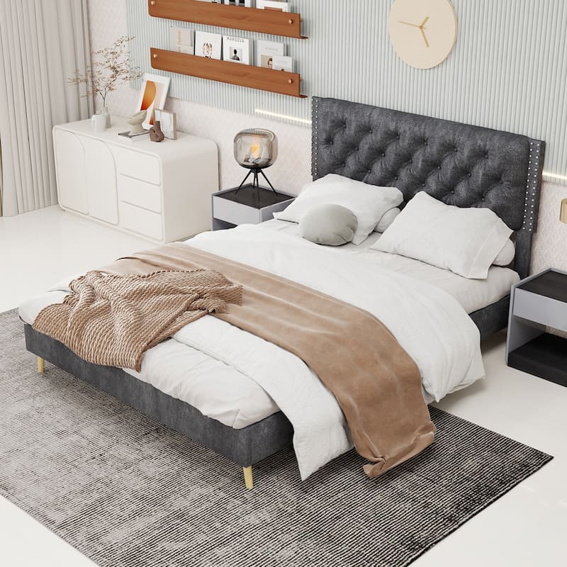 Queen Size Platform Bed Frame with Upholstered Headboard