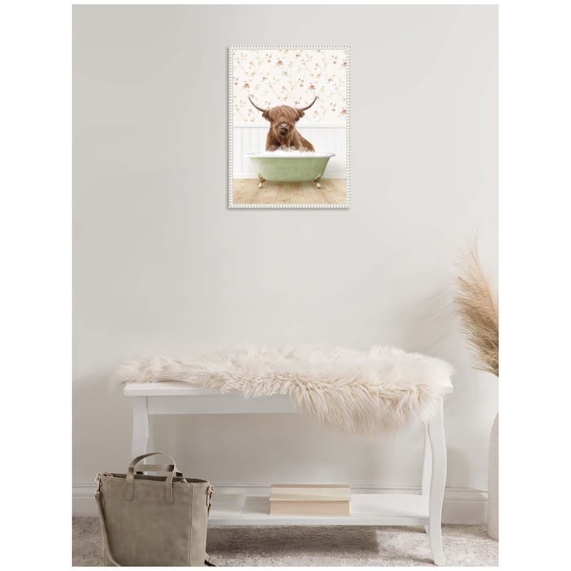 Kate and Laurel Sylvie Highland Cow in Cottage Farm Bath Framed Canvas by Amy Peterson