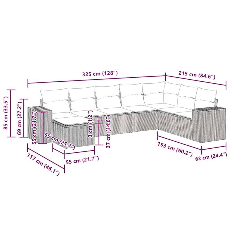 vidaXL 8 Piece Patio Sofa Set with Cushions Black Poly Rattan - 21.7 x 24.4 x 27.2