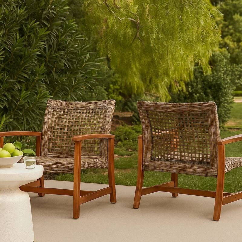 Bops Outdoor Accent Club Chair Set of 2, Brown Acacia Wood Gray Wicker