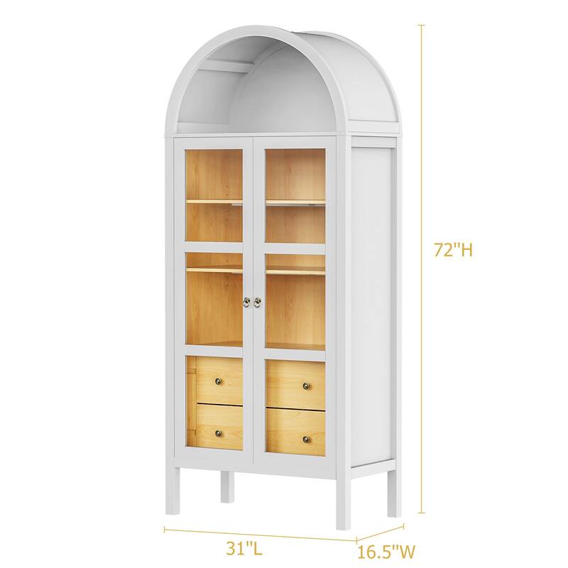 Modern Arched Cabinet with Glass Doors,72" Tall Arch Storage Cabinet with Height Adjustable Shelf and 2 Drawers Bookshelf
