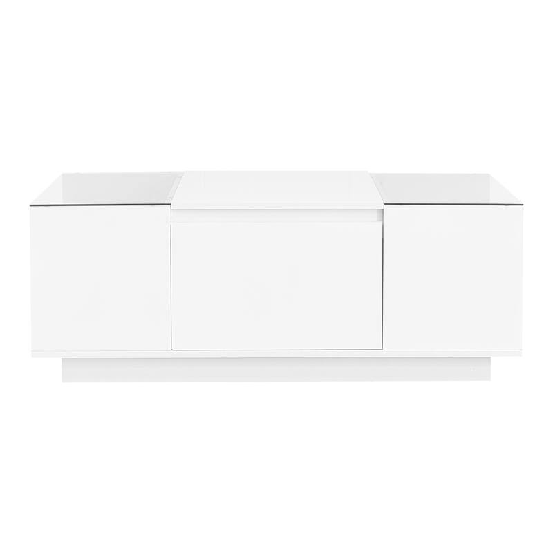 LED Coffee Table with 2 Drawers, Rectangle High Gloss Center Table, Modern Glass Tabletop Storage Table for Living Room