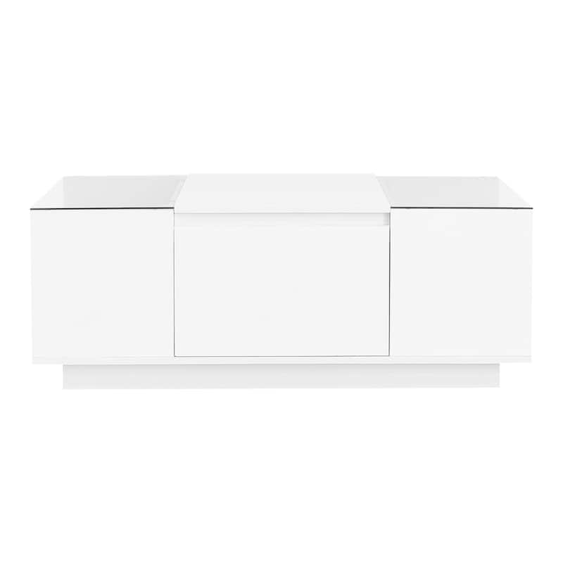 Roomfitters Modern Center Coffee Table with High Gloss Finish, Glass Top and Hidden Storage Compartments