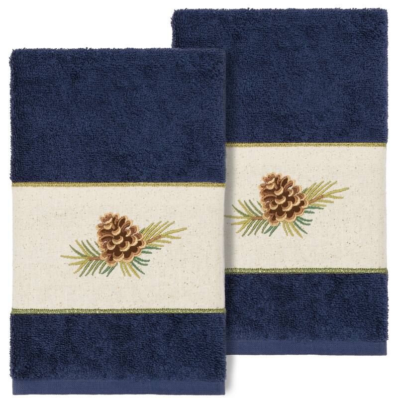 Authentic Hotel and Spa 100% Turkish Cotton Pierre 2PC Embellished Hand Towel Set - Midnight Blue