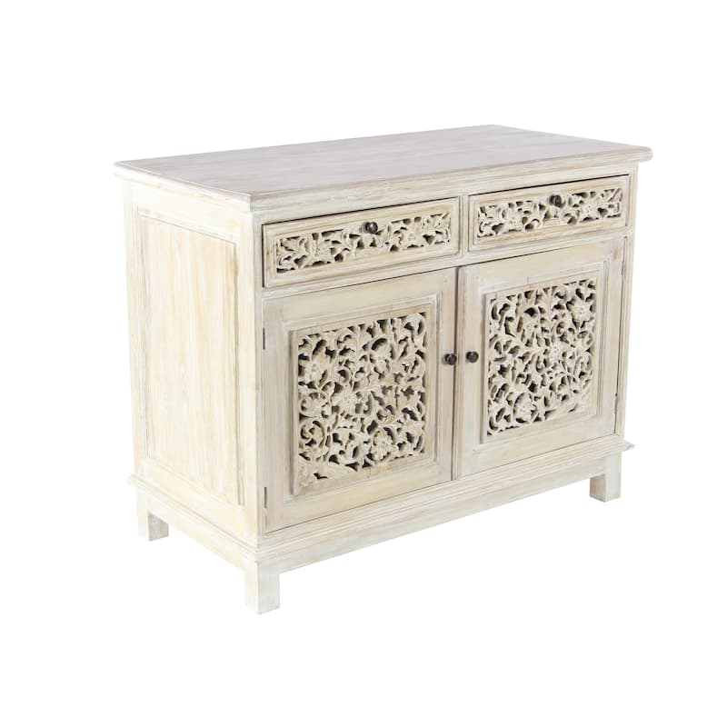 Wood Floral Intricately Carved 2 Door and 2 Drawer Cabinet - White - Roche River Decor - 20"Wx39"Lx32"H