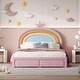 preview thumbnail 1 of 20, Full Size Velvet Platform Bed with Colorful Rainbow Headboard and 2 Storage Drawers, Upholstered Princess-Style Frame Pink - Full