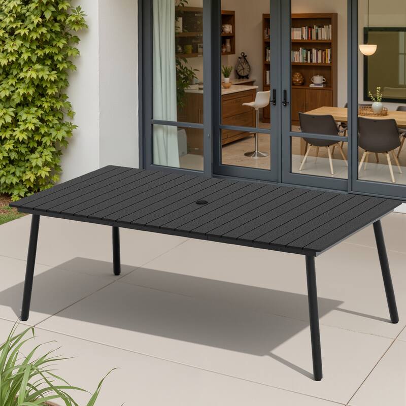 82.7in Outdoor Patio Rectangle Aluminum Wood-Like Dining Table with Umbrella Hole