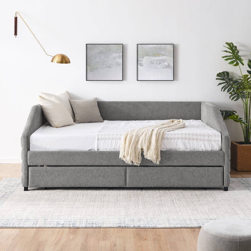 Linen Fabric Upholstered Daybed with Pull-Out Trundle or Storage Drawers, Tufted Sofa Bed Frame with Wood Slat Support