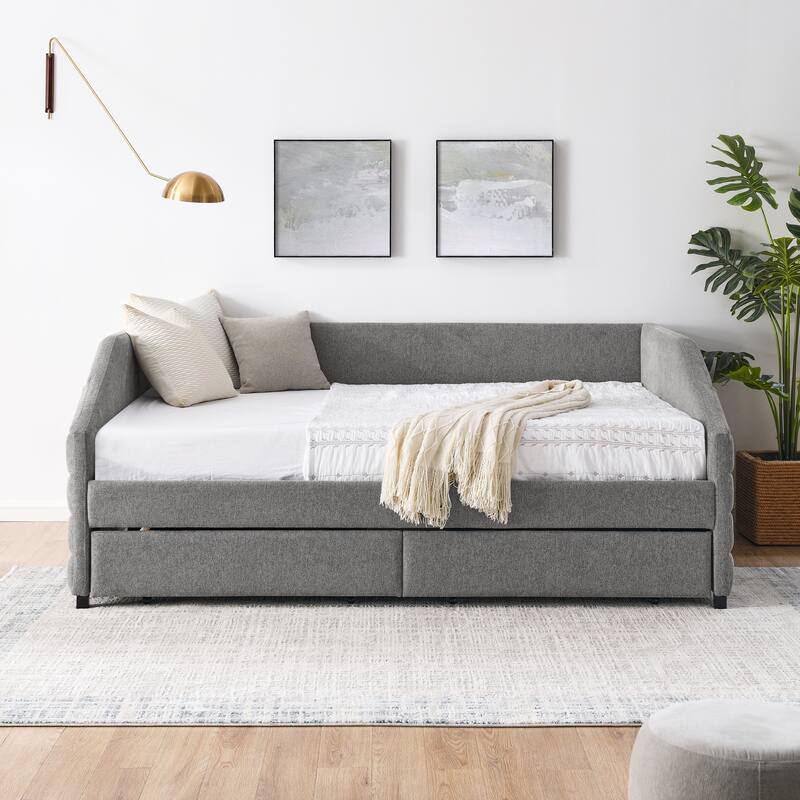 Twin/Full/Queen Size Upholstered Daybed with 2 Drawers, Linen Fabric Upholstered Sofa Bed, Wheeled Storage Daybed w/ Wood Frame