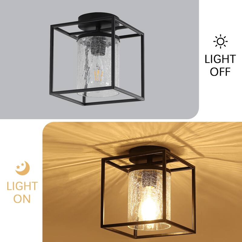 1-Light Modern Black Metal Frame Textured Glass Ceiling Light - Matte Black