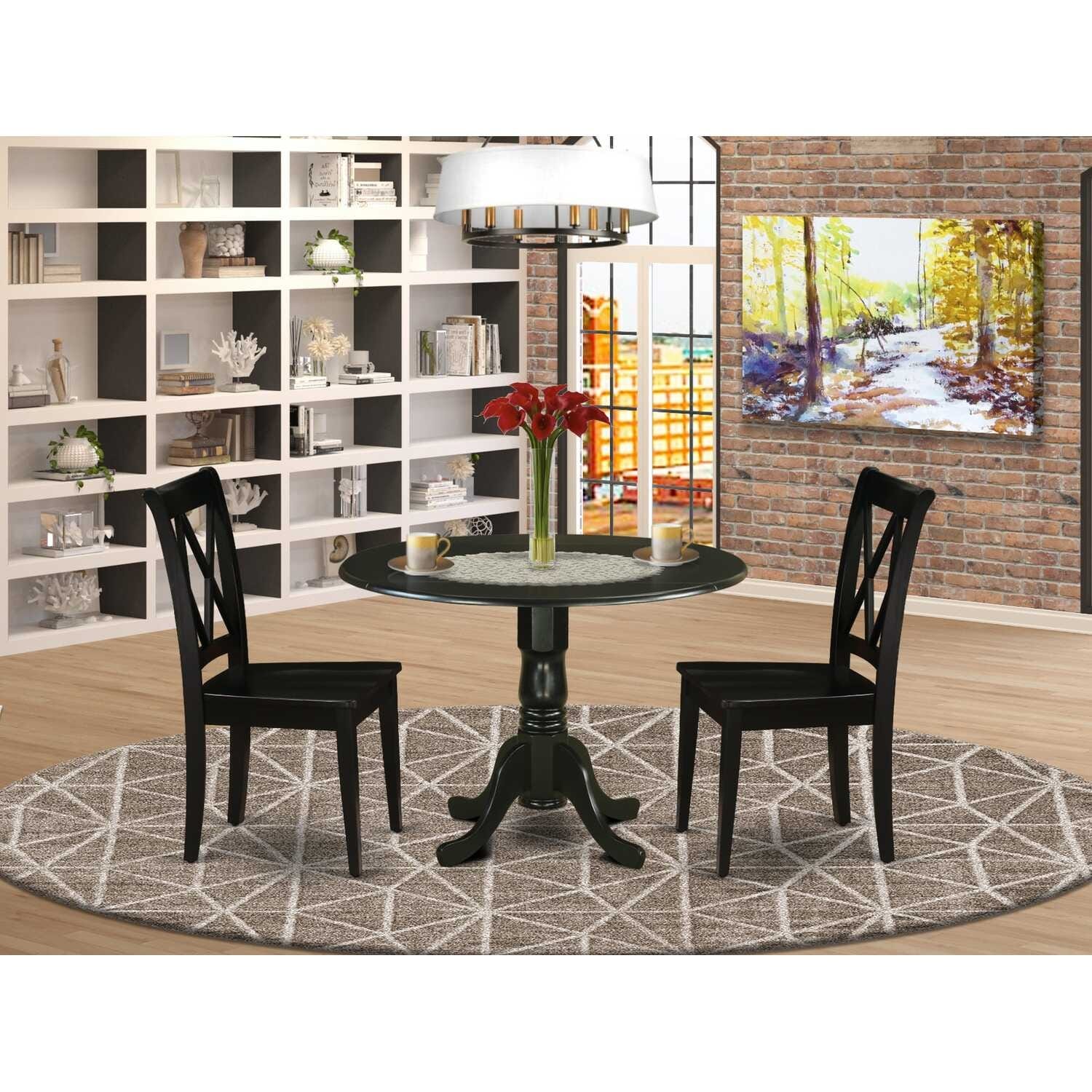 HomeStock 3-Piece Round Black Finish Solid Wood Top Dining Table with 2 Chairs with Drop Leaf