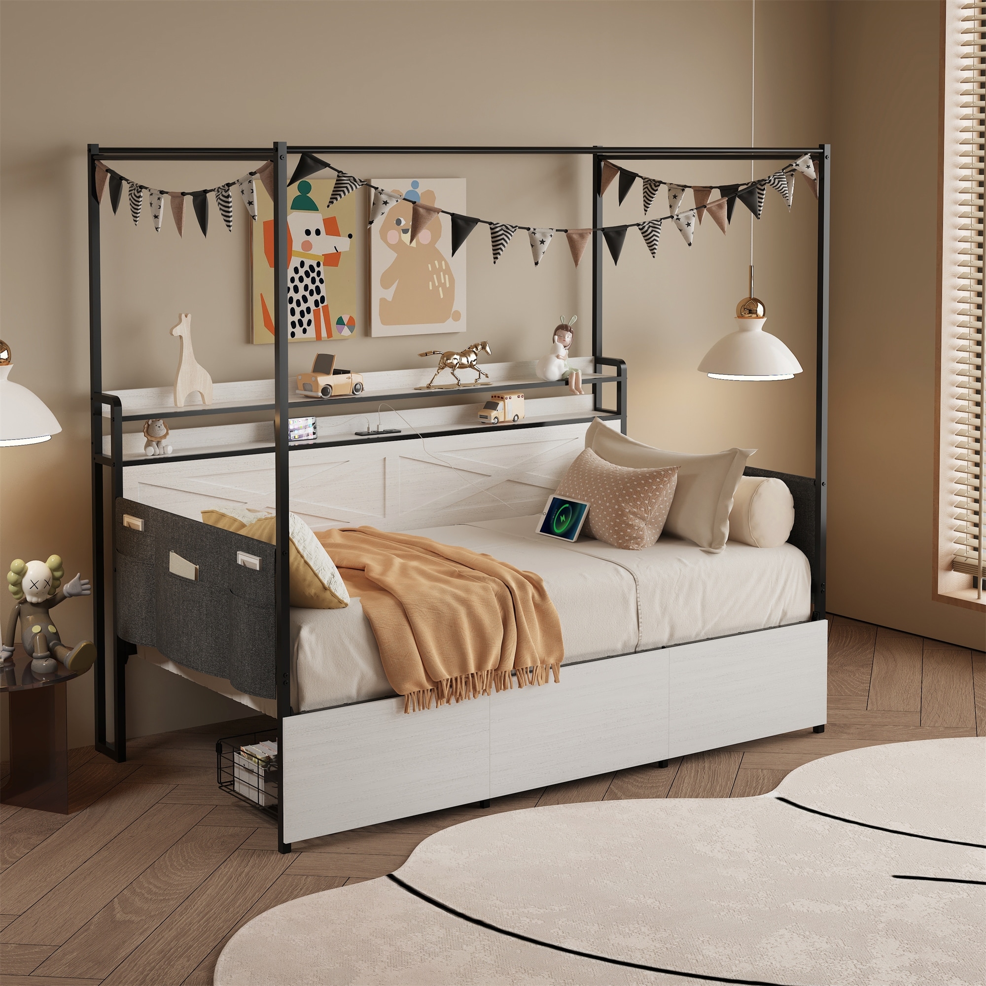 Modern Twin Bed with Storage Drawers & LED Lights