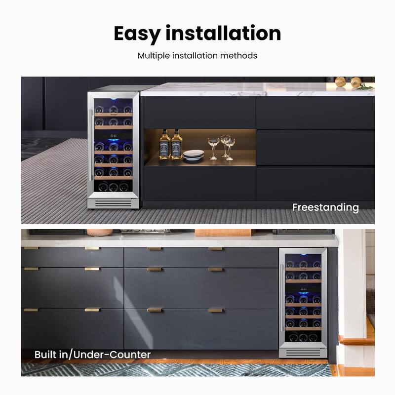 15 Inch Wine/Beverage Refrigerator Cooler 28 Bottles TWO Zones Built-in/Freestanding Wine Rack