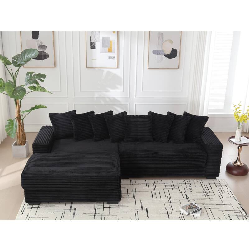 Oversized L-Shaped Corduroy Sectional Sofa with Left Chaise, 8 Throw Pillows & Armrests, Easy Assembly, Black