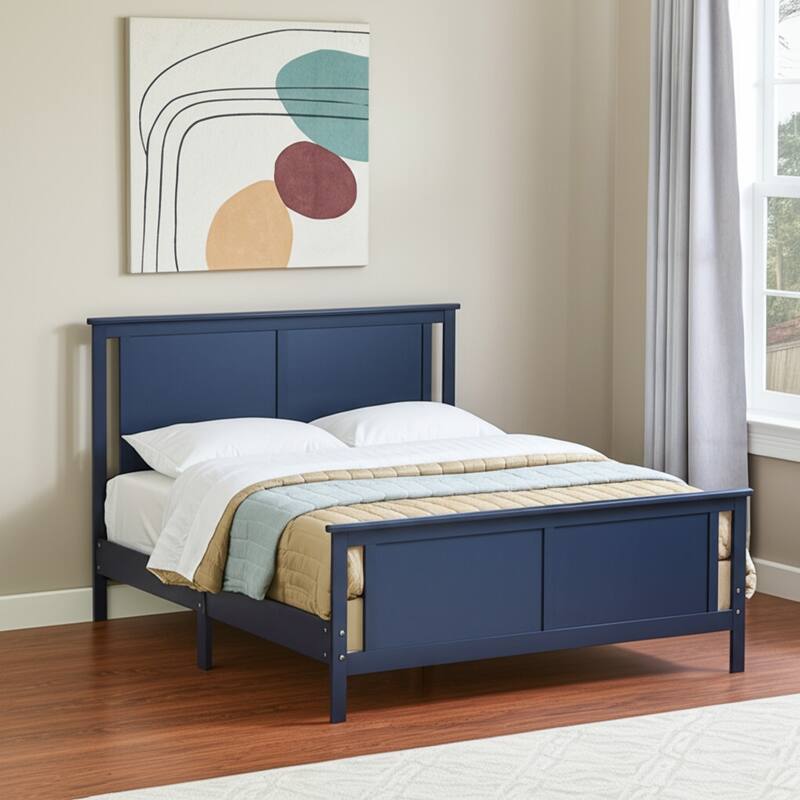 HomeRoots Blue and Walnut Reversible Inlaid Panels Solid Wood Full Bed Frame - Full - Walnut/Blue