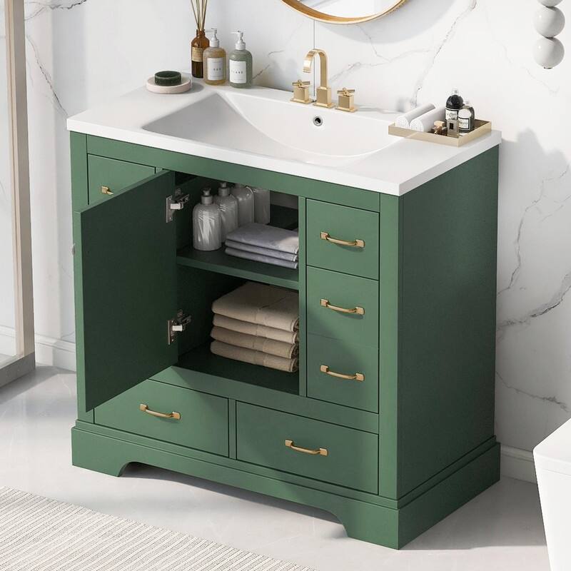 36" Bathroom Vanity with Sink Combo: Six Drawers, Multi-Functional Divider, Adjustable Shelf