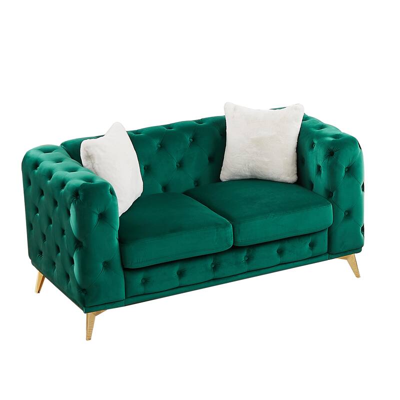 Velvet Chesterfield Loveseat Sofa, Tufted Button Upholstered 2 Seater Sofa, Lounge Sofa Chair with 2 Pillows & Metal Legs