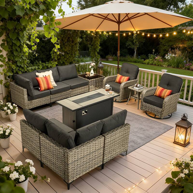 HOOOWOOO 11-piece Outdoor Patio Sofa Wicker Furniture Swivel Chair Set with 54" Fire Pit Table - Black