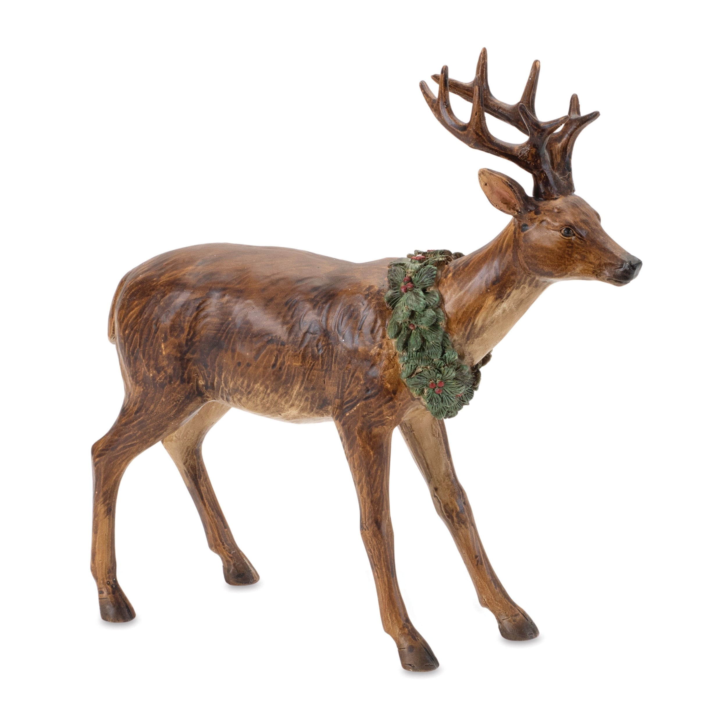 2-Piece Brown and Green Resin Deer Figurines with Holly Wreath Accents for Woodland Holiday Decor - 8.25”L x 2”W x 8.25”H