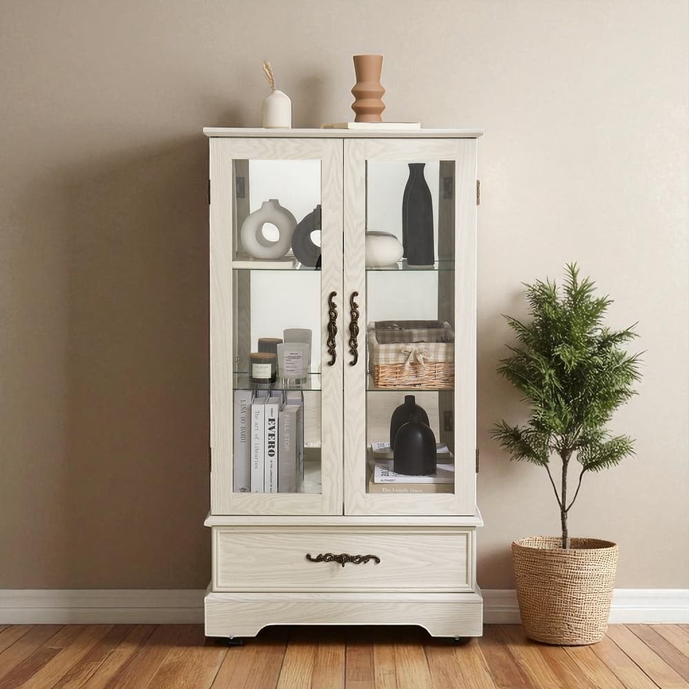 Lighted Glass Curio Cabinet with Adjustable Shelves, 2-Door Display Cabinet with Drawer and Built-in Bulb, Retro Accent Storage