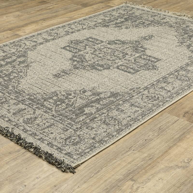 Style Haven Grayton Traditional Inspired Beige/ Black Indoor-Outdoor Fringe Edge Rug