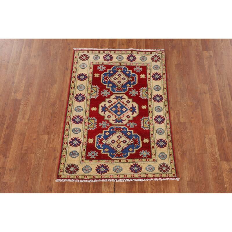 Red Geometric Kazak Oriental Accent Rug Handmade Foyer Wool Carpet - 2'8" x 3'9"
