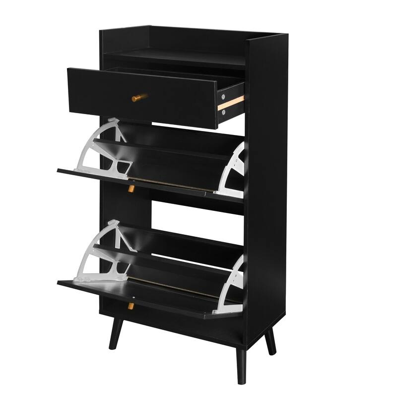 Entryway Shoe Storage Cabinet, Freestanding Rattan Shoe Rack, Shoe Organizer with 2 Flip Drawers & 1 Pull-Out drawer