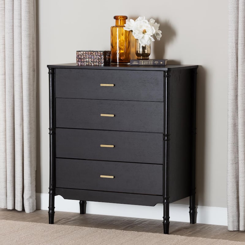 Marisela Black Wood Chest of Drawers with Gold Handles - 4-Drawer Dresser with Bamboo-Inspired Legs, Modern Transitional Accent