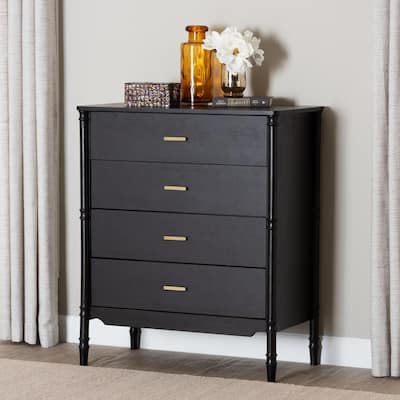 Marisela Black Wood Chest of Drawers with Gold Handles - 4-Drawer Dresser with Bamboo-Inspired Legs, Modern Transitional Accent